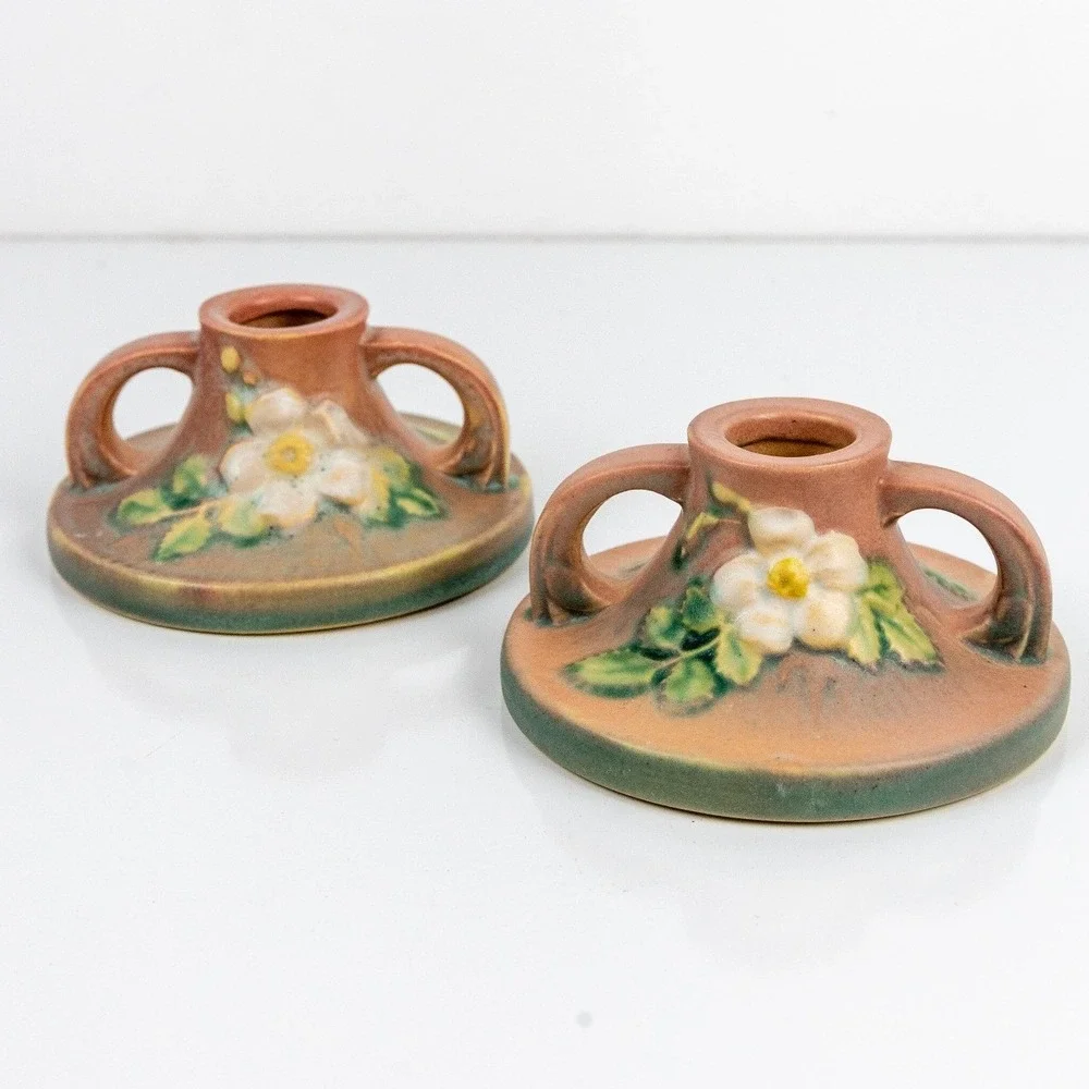 Vintage Roseville Pottery White Rose Candle Holders Pink Green Matte 1141 Pair